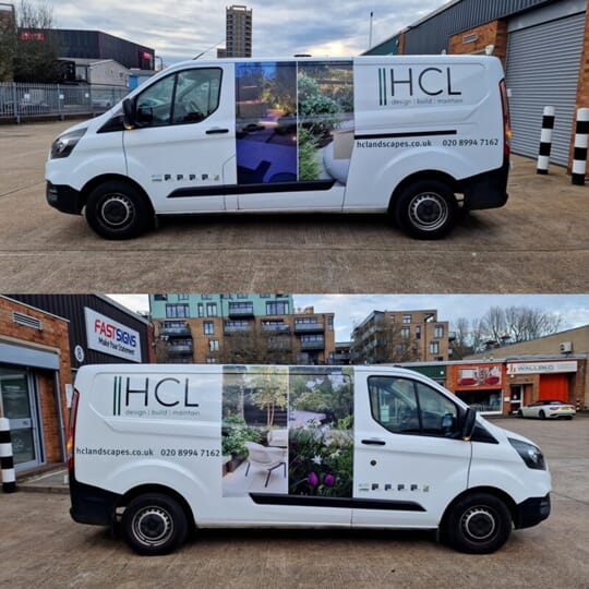 An image collage of a white HCL van with vehicle graphics and wraps